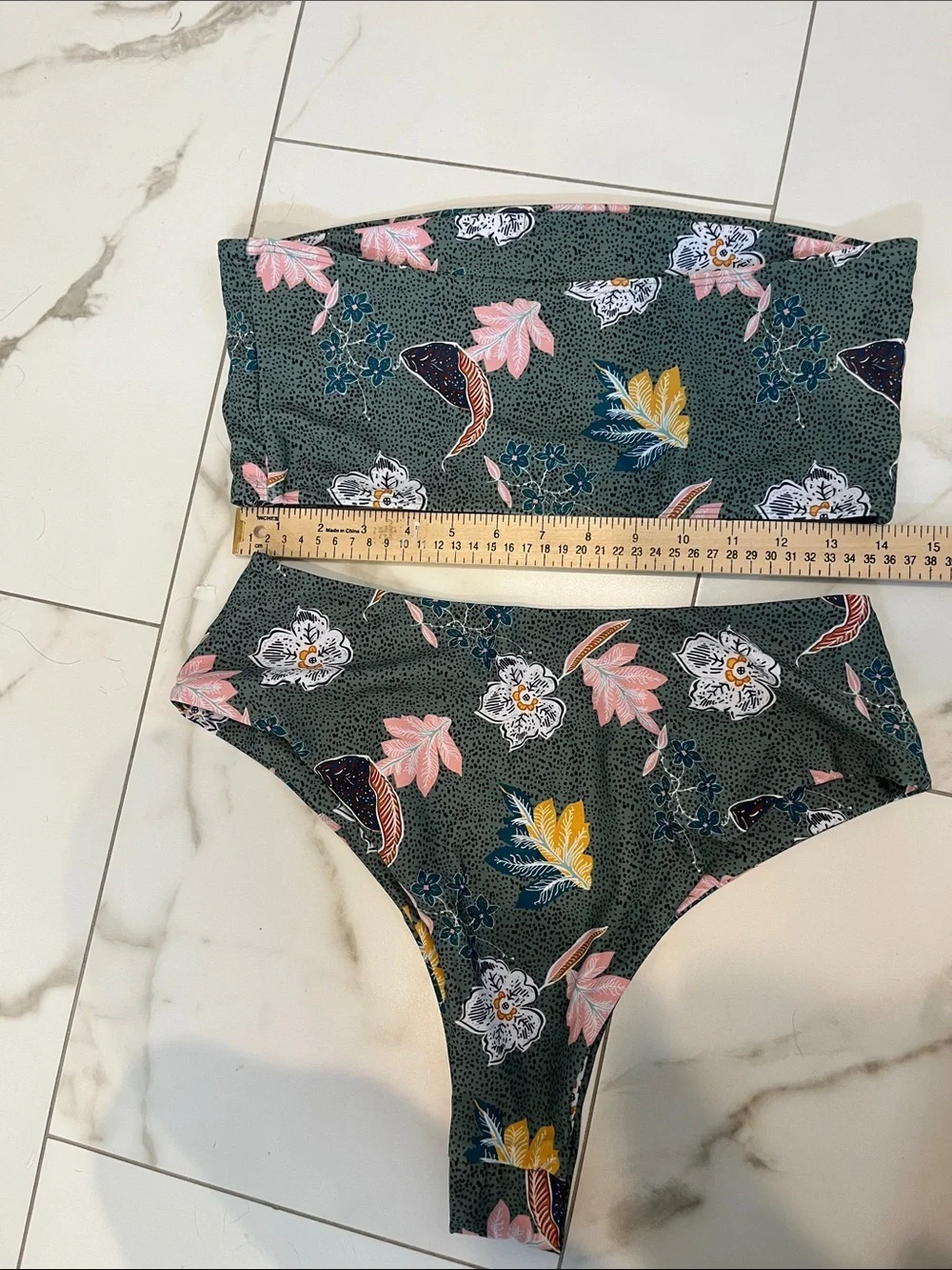 Floral Bandeau Bikini Set - Green with Pink & Yellow Accents